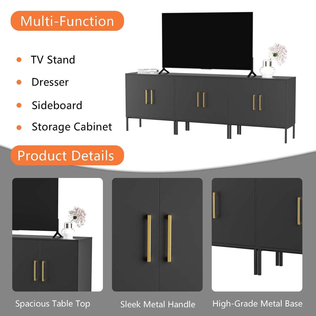 TV Stand for 85 Inch TV, Media Entertainment Center Console Table, 3 Cabinets