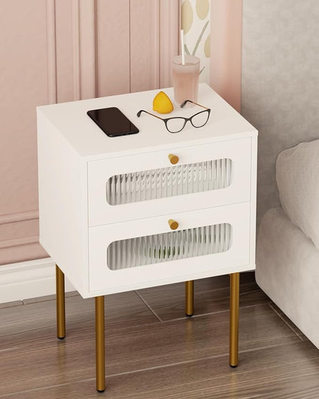 Nightstand,Modern Beside Table with Storage Drawer and Open Wood Shelf,Small End Side Table with Glass Decorative Door and Gold Frame,for Living Room,Bedroom (White-Outlet)