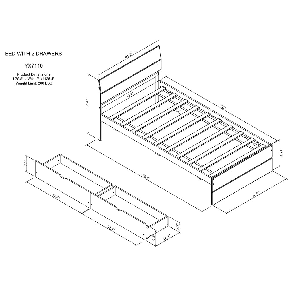 Bed Frame, with 2 Drawers, White High Gloss Headboard Footboard, No Spring Box Needed,