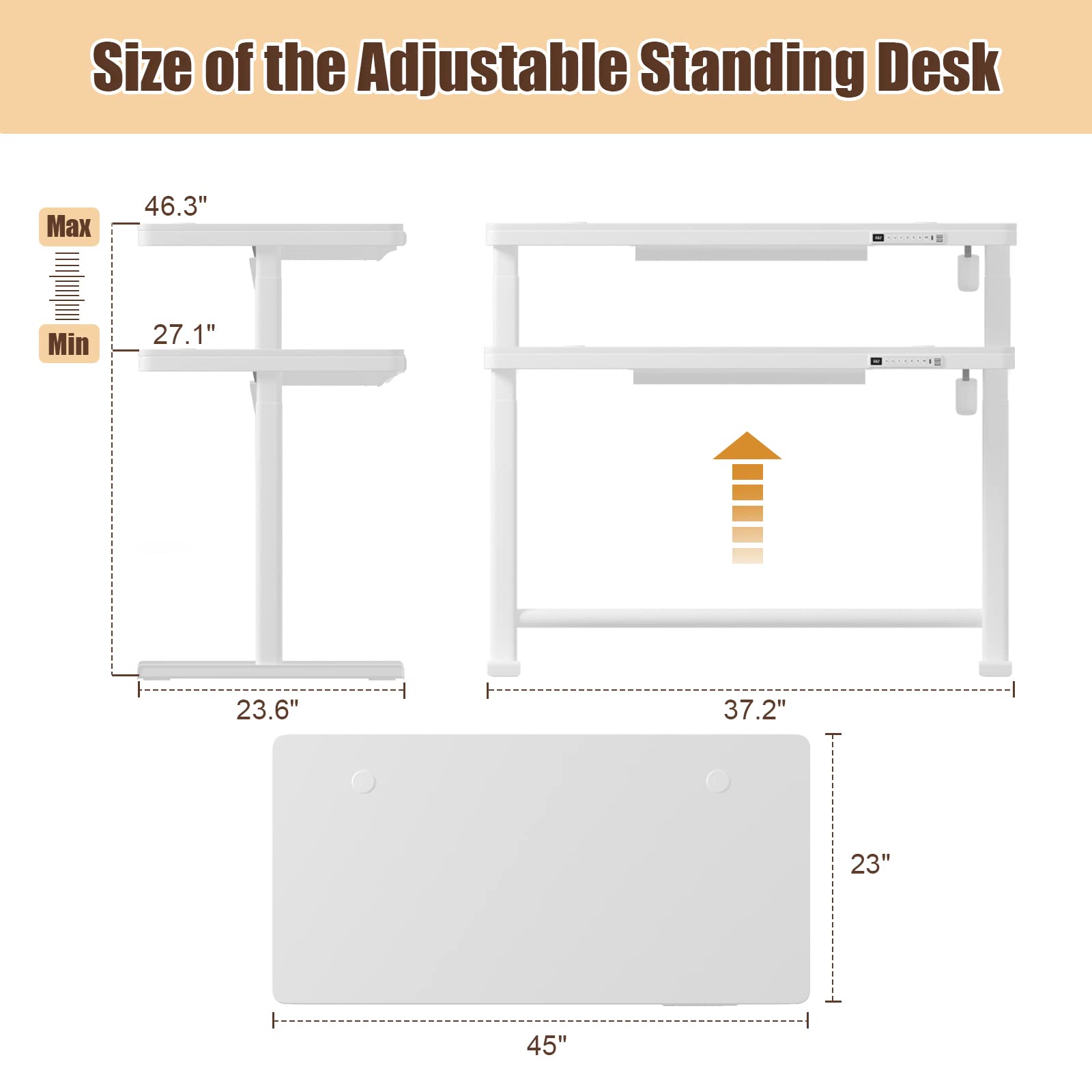 AITERMINAL Electric Standing Desk with Drawers, Height Adjustable Sit Stand Desk with Drawer, Home Office Desk Storage & USB Ports, 45 x 23 Inch White Desktop/White Frame