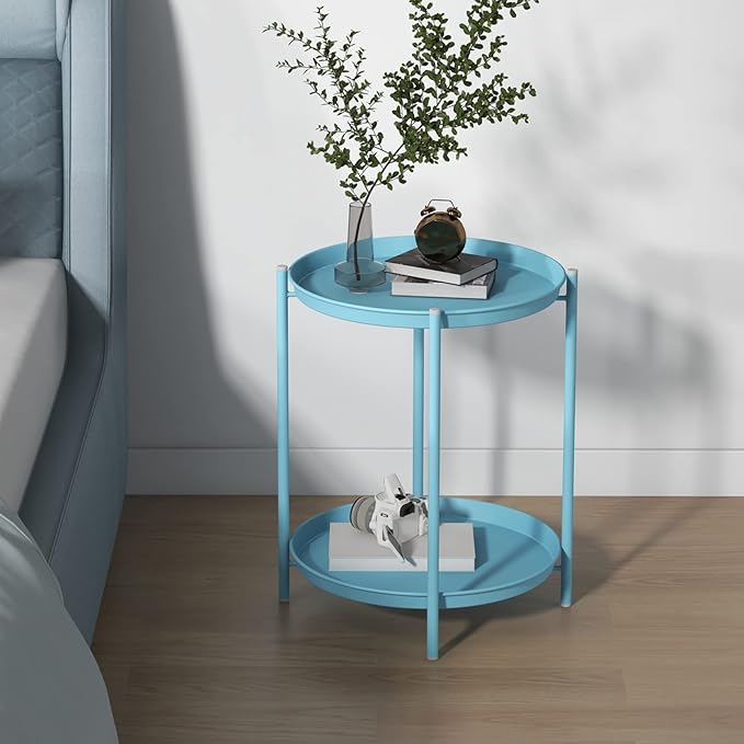 End Table, Round Metal Side Table with Removable Tray, Small Storage Side Table Outdoor