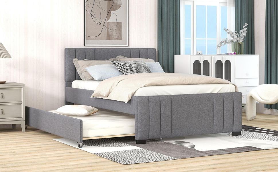 Platform Bed with Trundle, Modern Design and Tufted Linen, Grey