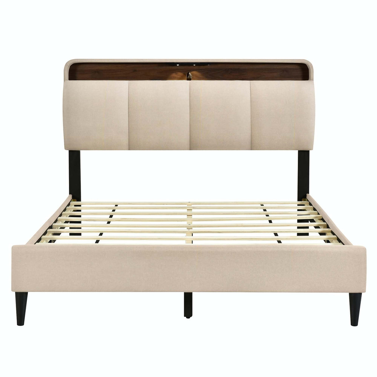 Upholstered Platform Bed with Storage Headboard and USB Ports Gray - Queen