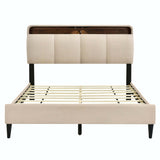 Upholstered Platform Bed with Storage Headboard and USB Ports Gray - Queen