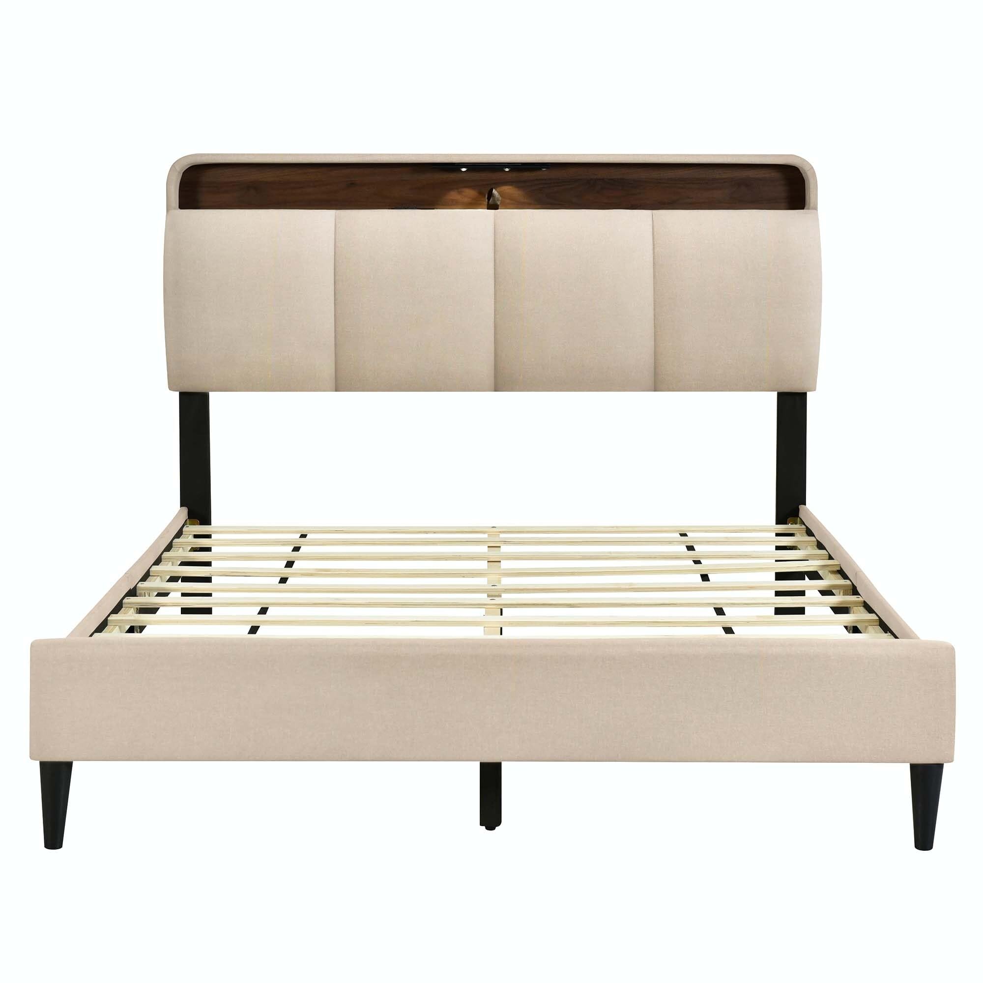 Upholstered Platform Bed with Storage Headboard and USB Ports Gray - Queen