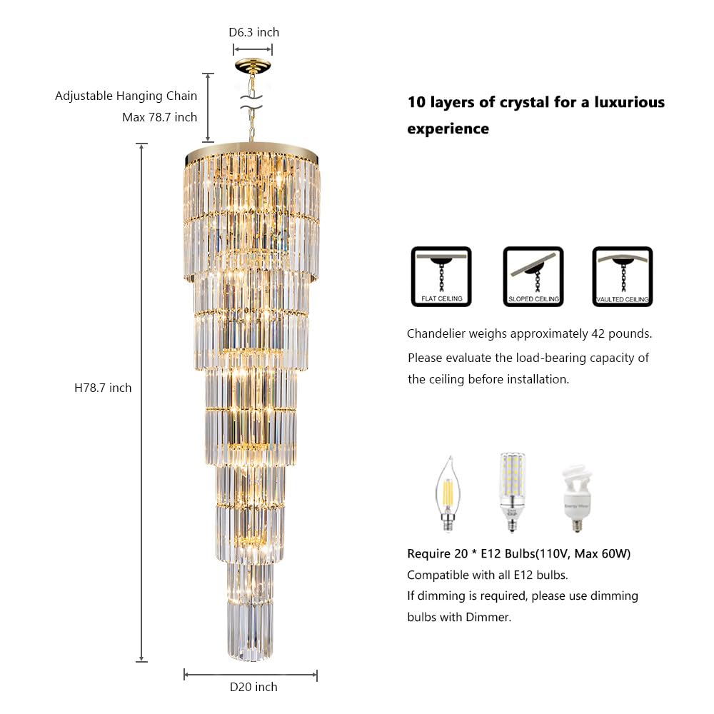 Luxury Modern Long Staircase K9 Chandeliers Gold Top Design 10-Tier Large Foyer