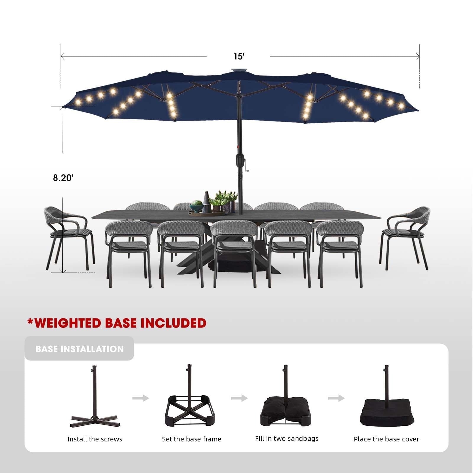 15FT Solar LED Patio Umbrella with Base,Outdoor Double-Sided Umbrella
