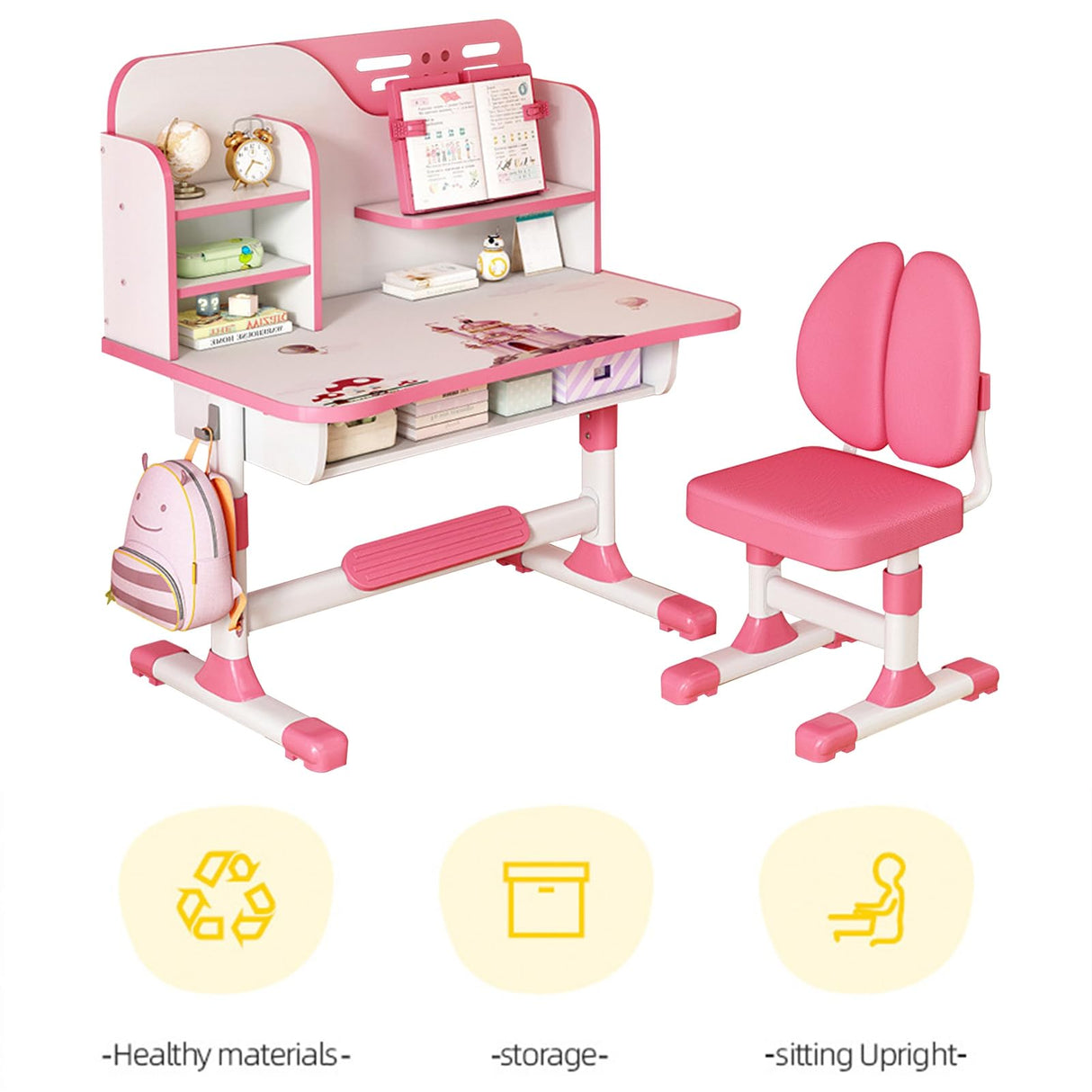 Study Desk Chair Set,Height Adjustable Children's Desk and Chair School Study Table Chair with Astronaut Pattern,Ergonomic Desk Chair with Writing Board, Bookshelf and Drawer Pink