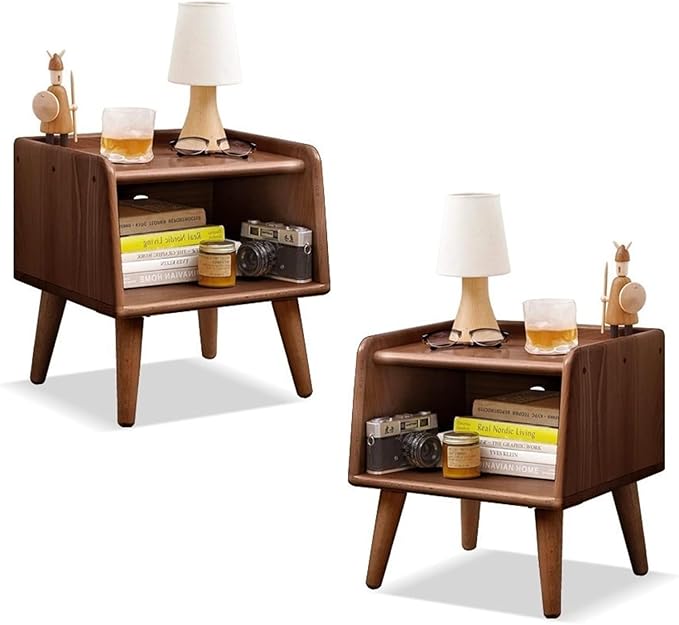 Short Nightstand - 100% Solid Wood Nightstand with Open Storage, Elegant Mid Century