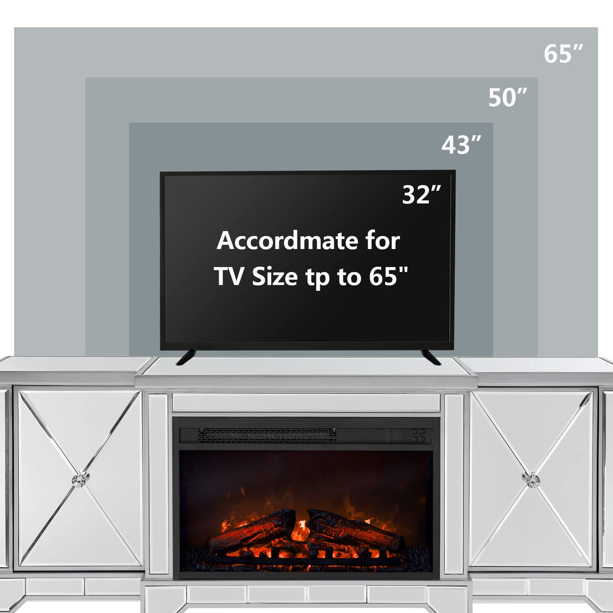 Electric Fireplace TV Stand for TVs up to 65”, Mirrored TV Stand with 18” LED Fireplace