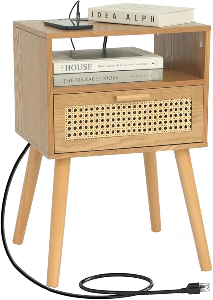 Modern Nightstand Rattan Side End Table with Storage, for Living Room, Bedroom and Small Spaces,