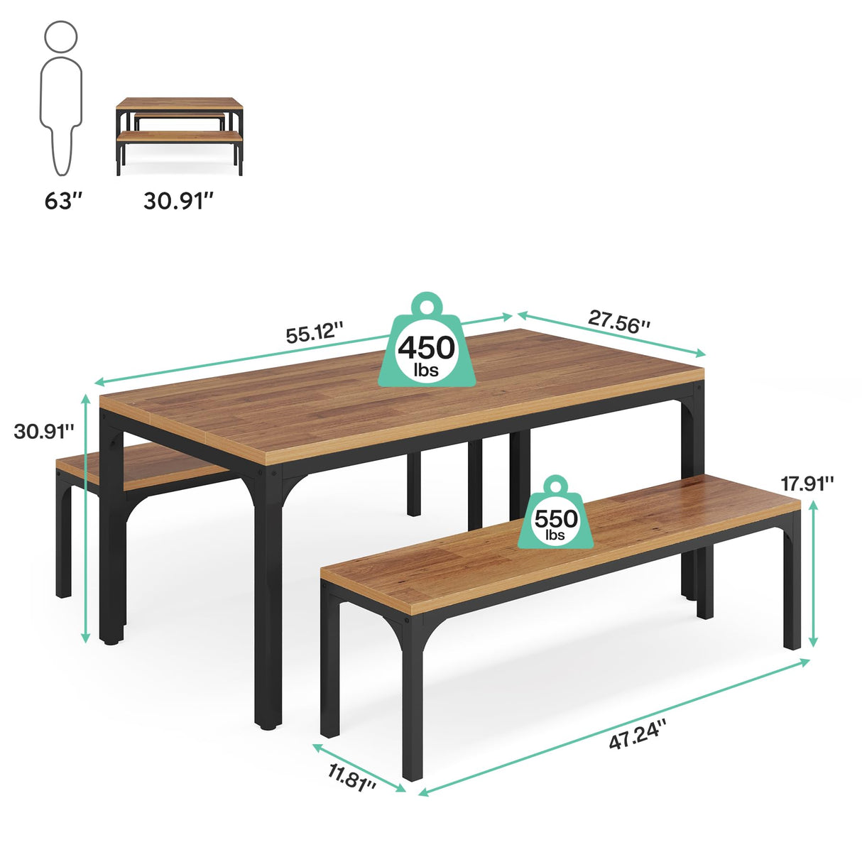 Dining Table Set for 6 People, 3 Pieces Rectangular Kitchen Table with 2 Benches,