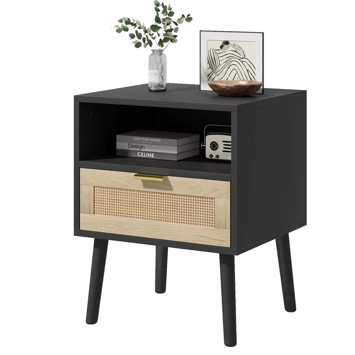 Rattan Nightstand with Drawer Boho Nightstand Mid Century Modern Nightstand