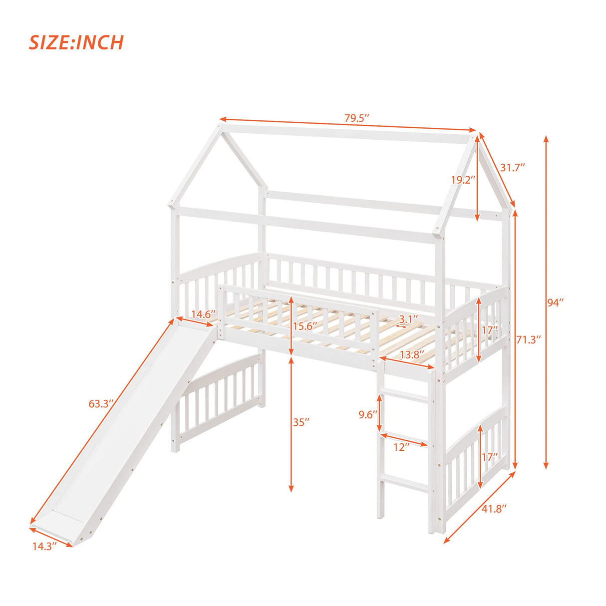 Twin Size Wooden Loft Bed Frame with Rolling Portable Desk Cabinet and Storage Shelves for Kids Teens