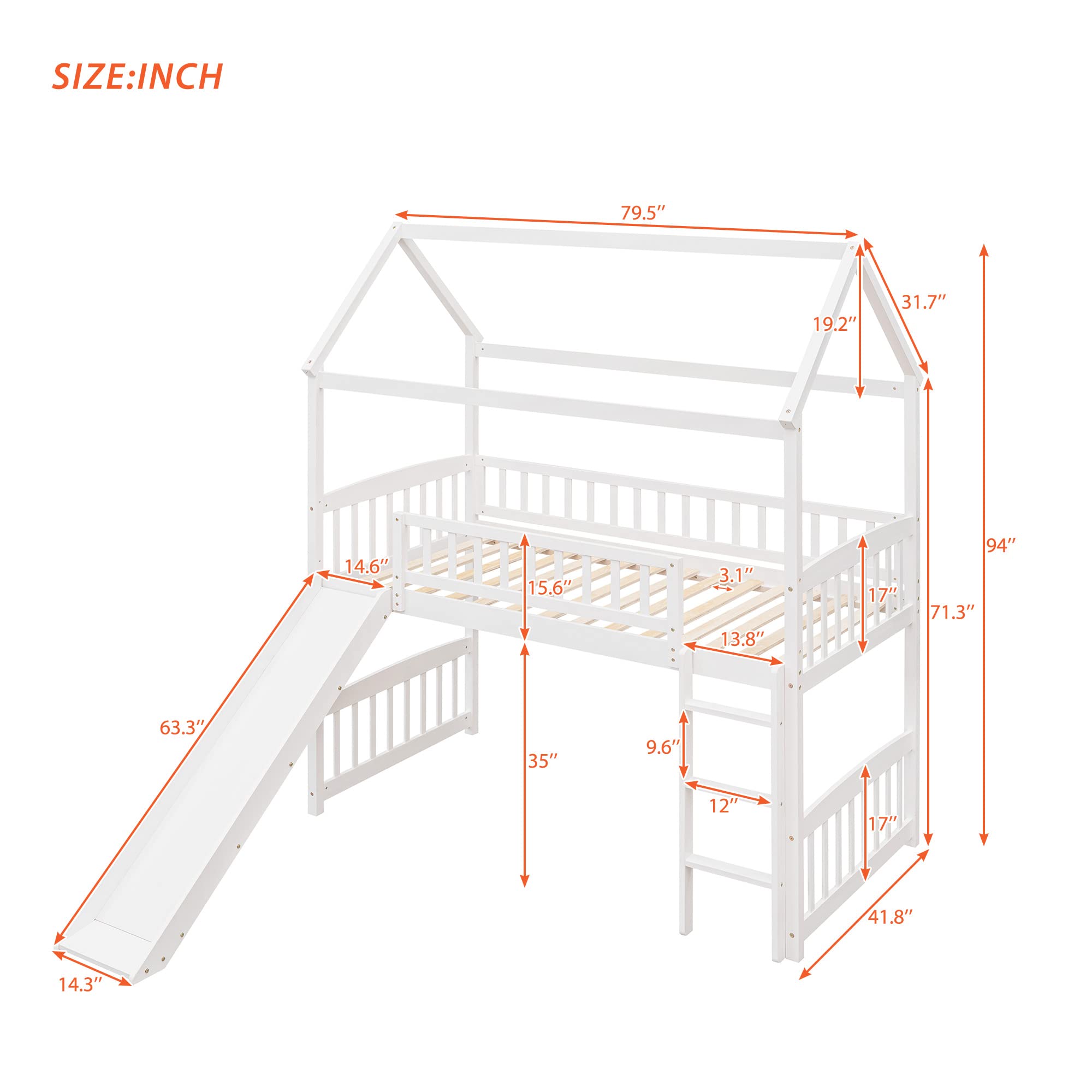 Twin Size Wooden Loft Bed Frame with Rolling Portable Desk Cabinet and Storage Shelves for Kids Teens