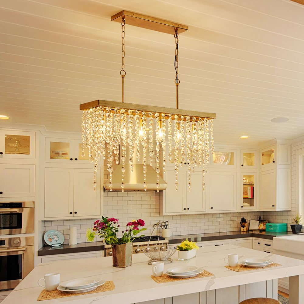 6-Lights Gold Chandeliers for Dining Room, Modern Crystal Pendant Light Fixture,