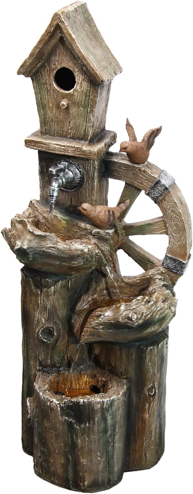 38.58" H Lighthouse Floor Waterfall Fountain with LED Lights 3-Tiered Rock Water Fountain