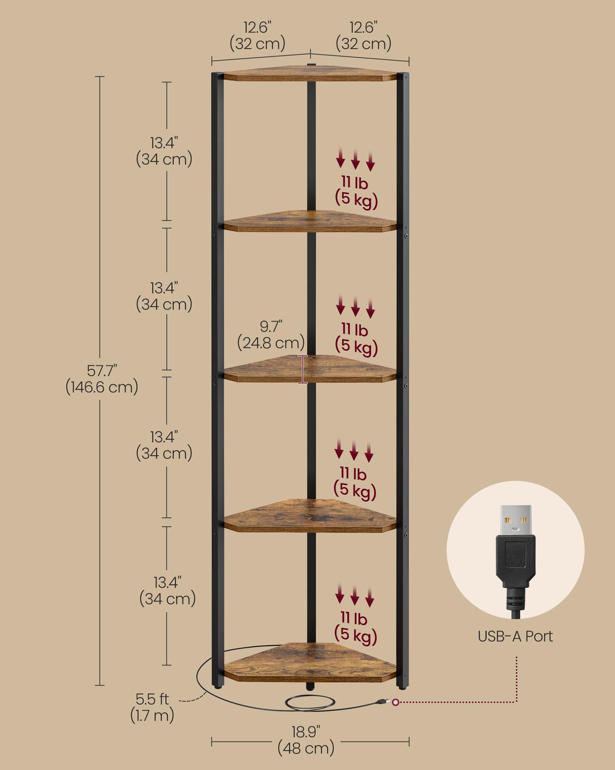 Corner Shelf Stand with LED Lights, 5-Tier Corner Bookshelf, Storage Shelf with Steel Frame, 9.8 x 18.9 x 57.7 Inches, for Living Room, Bedroom, Study, Rustic Brown ULBC590K01