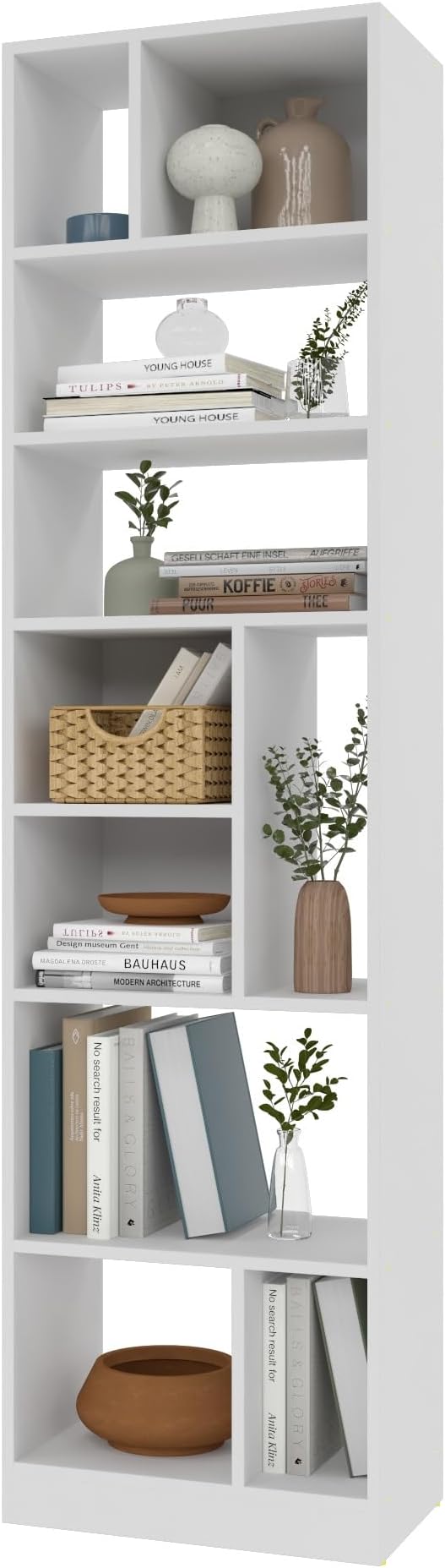 Comfort Valenca 2.0 Bookcase with 5 Unique Shelves, 35-Inch Tall, Space-Saving Mid Century Modern Bookshelf with Open Design, Free Standing Storage Display, Easy Assembly, White