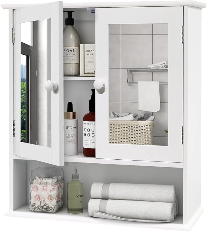 Black Medicine Cabinet, 2 Doors 3 Open Shelf, Wall Mounted Wooden Storage Cabinet