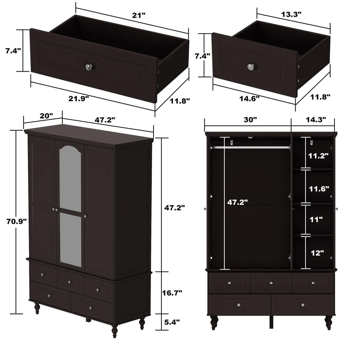 Wardrobe Armoire Closet with 5 Drawers and Hanging Rod, Clothes Storage Cabinet