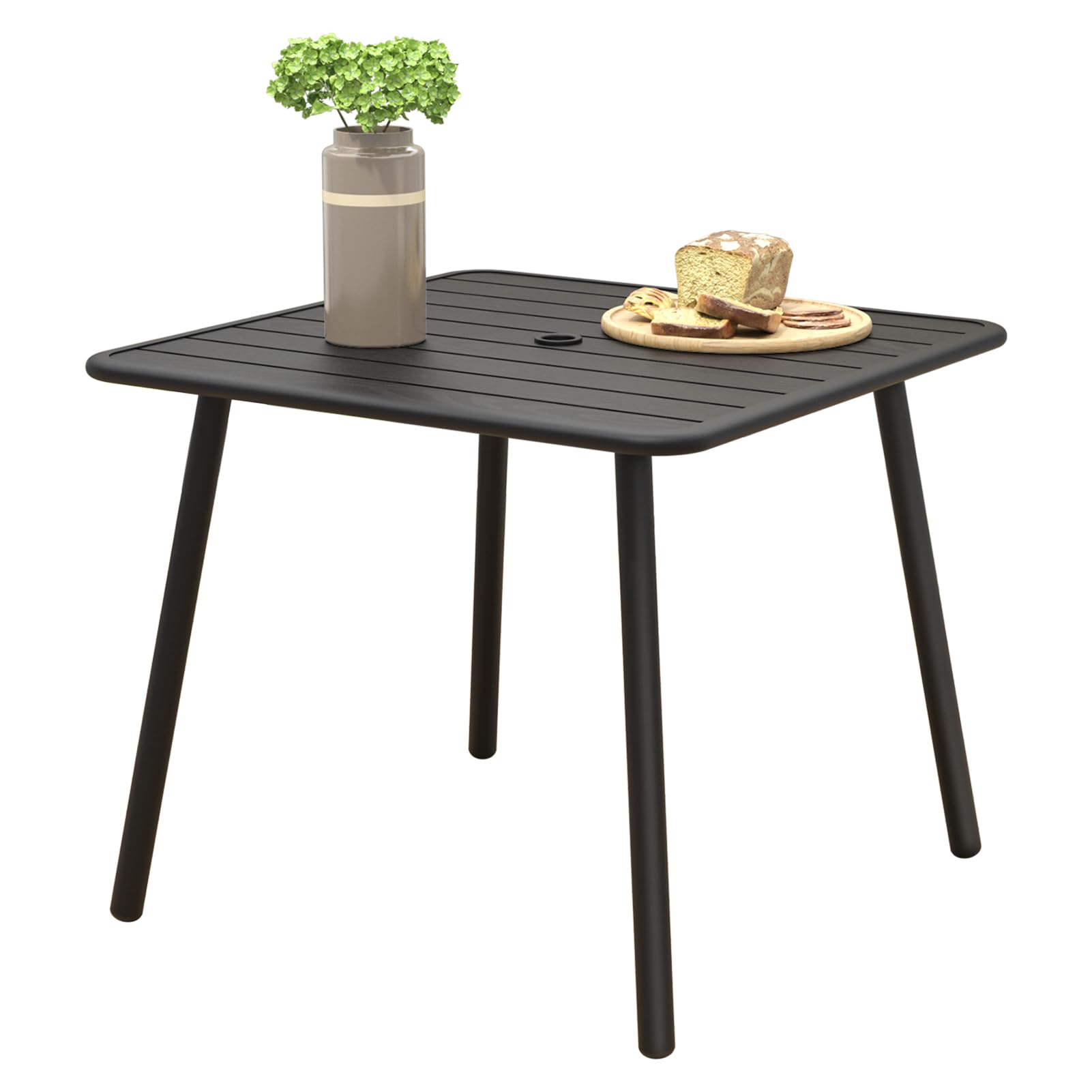 Square Metal Outdoor Dining Table with Umbrella Hole for Outside Patio, Black