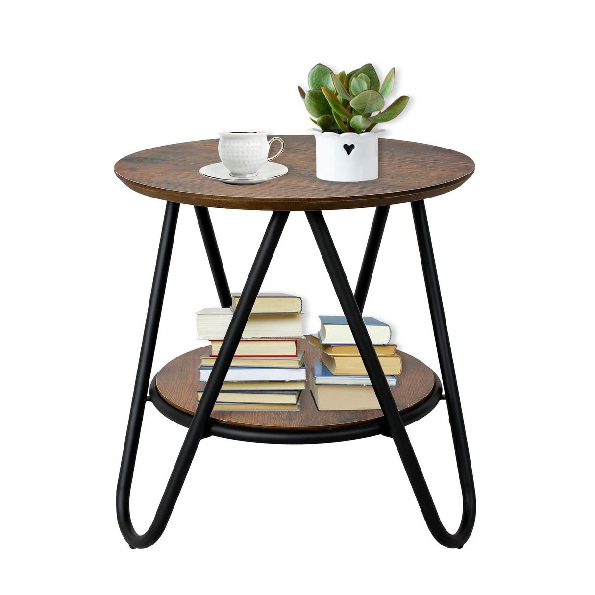 2-Tier Round Side Table, Small End Table with Metal Legs, Industrial Wood Beside Table