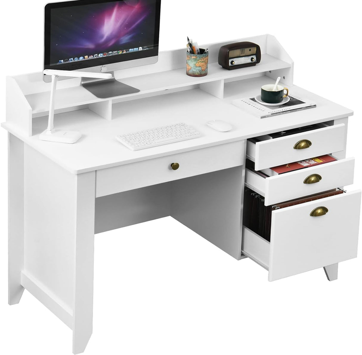 White Desk with Drawers, 47 Inch Home Office Computer Desk with File Drawers Student Girls Desks Teens Writing Table with Hutch, Small Desk with Drawer for Bedroom, White