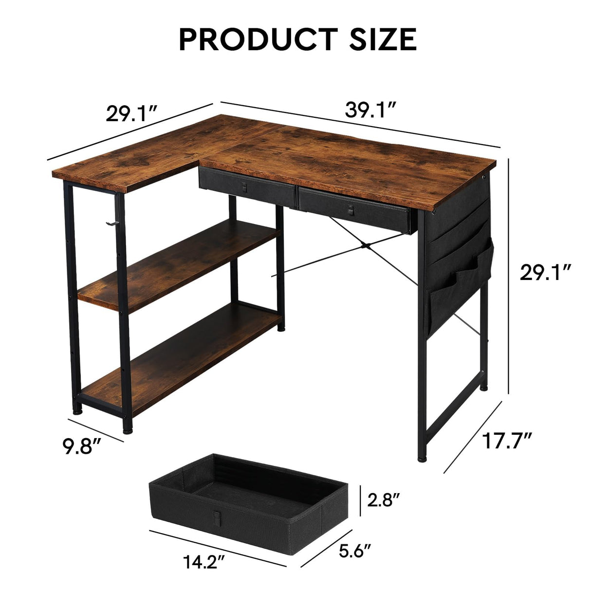 Home Office Desk with Drawers Shelves, 39” Computer Corner Desk,