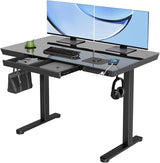 Glass Standing Desk with Drawers, 48 x 24 Inch Electric Stand Up Desk with USB Ports, Adjustable Height Desk for Home Office, White