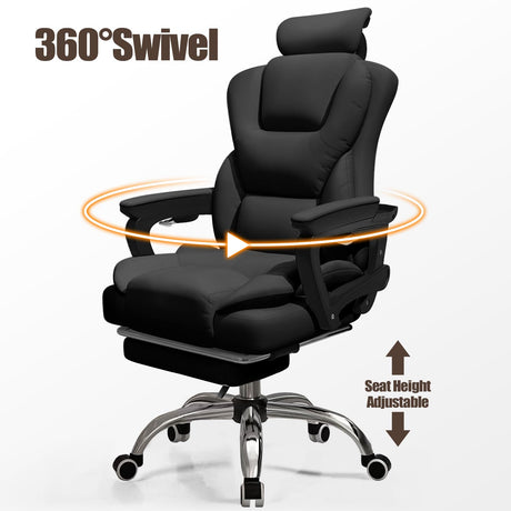 HDHNBA Office Chair Big and Tall Computer Gaming Chairs with Foot Rest Comfortable Lumbar Support Ergonomic High Back Reclining Desk Chairs PU leather Executive Office Work Chair, Black