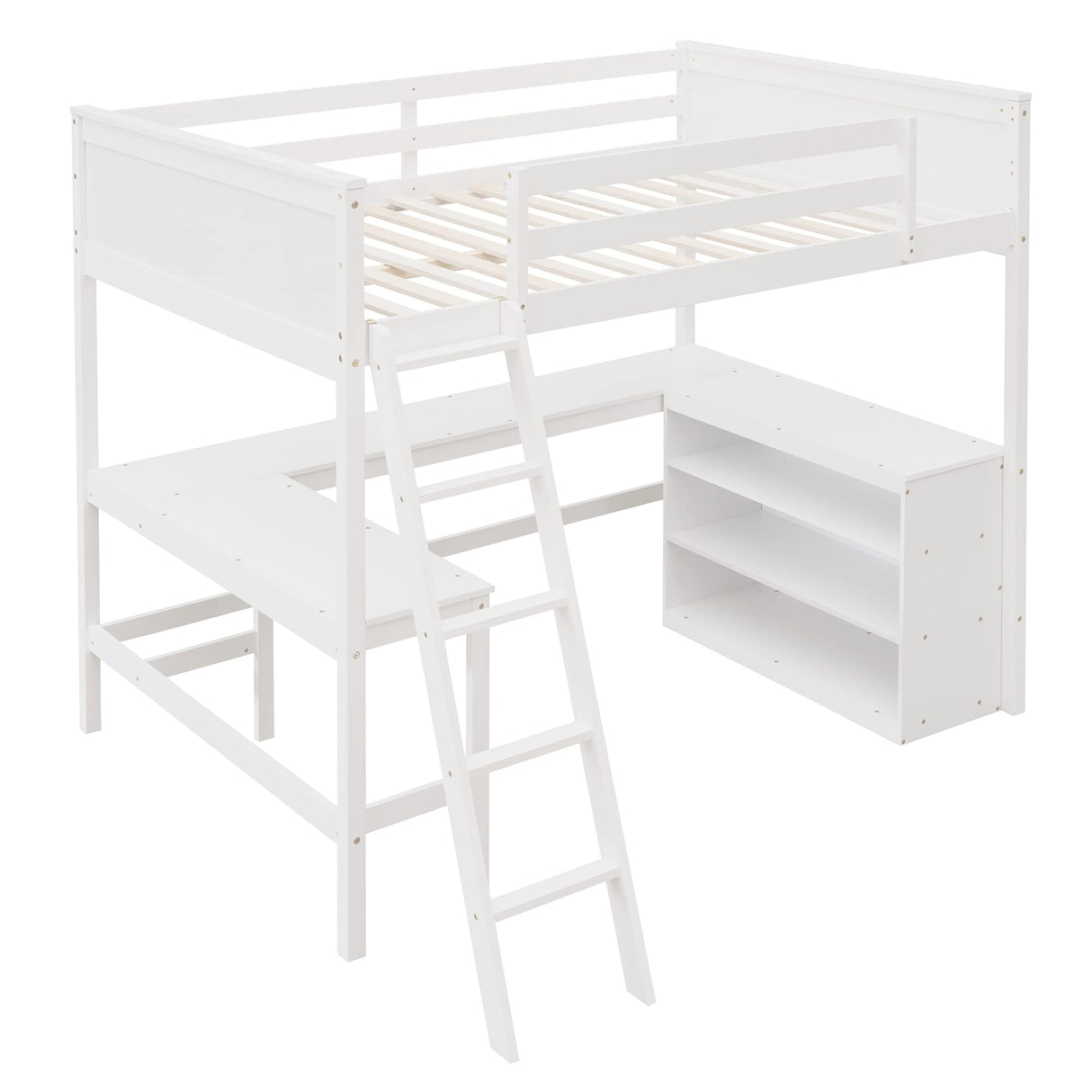 Full Size Loft Bed with Shelves and Desk, Wooden Loftbed Frame with w/Ladder for Kids