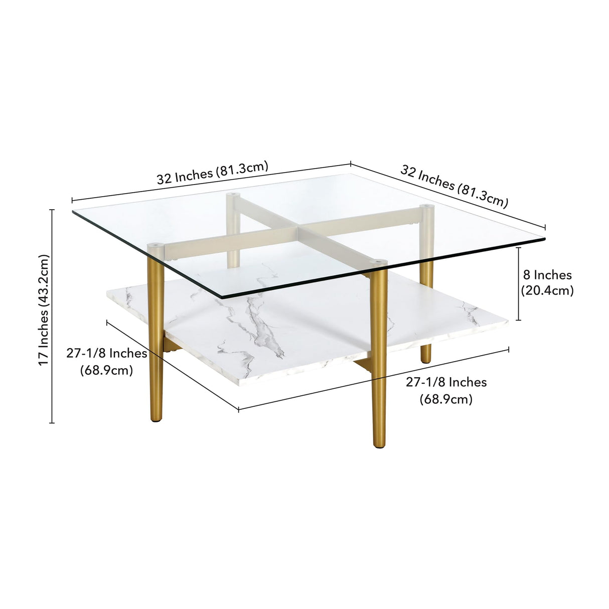 32" Wide Square Coffee Table with Faux Marble Shelf in Brass