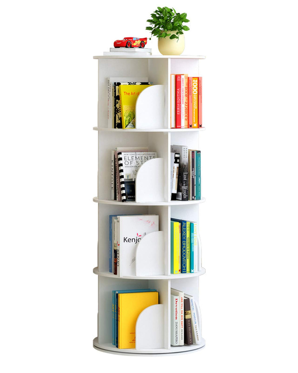 Rotating Bookshelf, 4 Tier 360° Revolving Bookcase Corner PVC Wood-Plastic Board