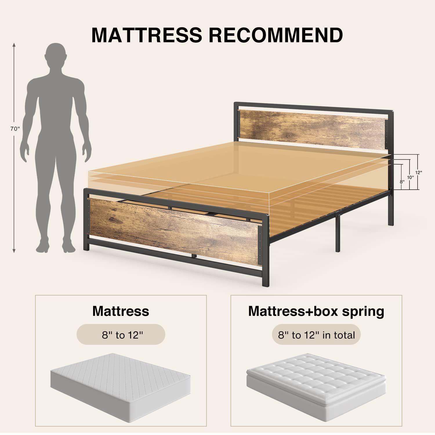 Queen Metal Platform Bed Frame with Wooden Headboard, 15 Iron Slats, Large Underbed Storage, Easy Assembly,