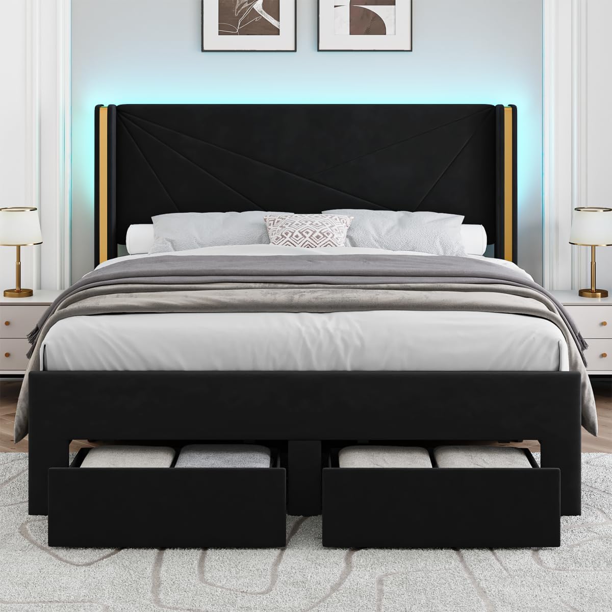 Full Size Platform Bed with Storage Drawers & LED Lights
