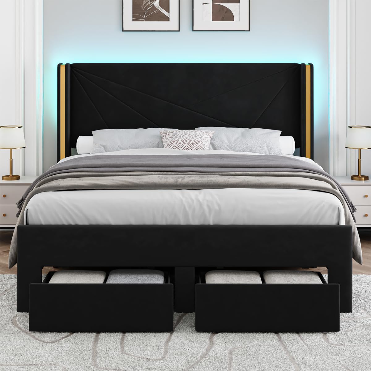 Full Size Platform Bed with Storage Drawers & LED Lights
