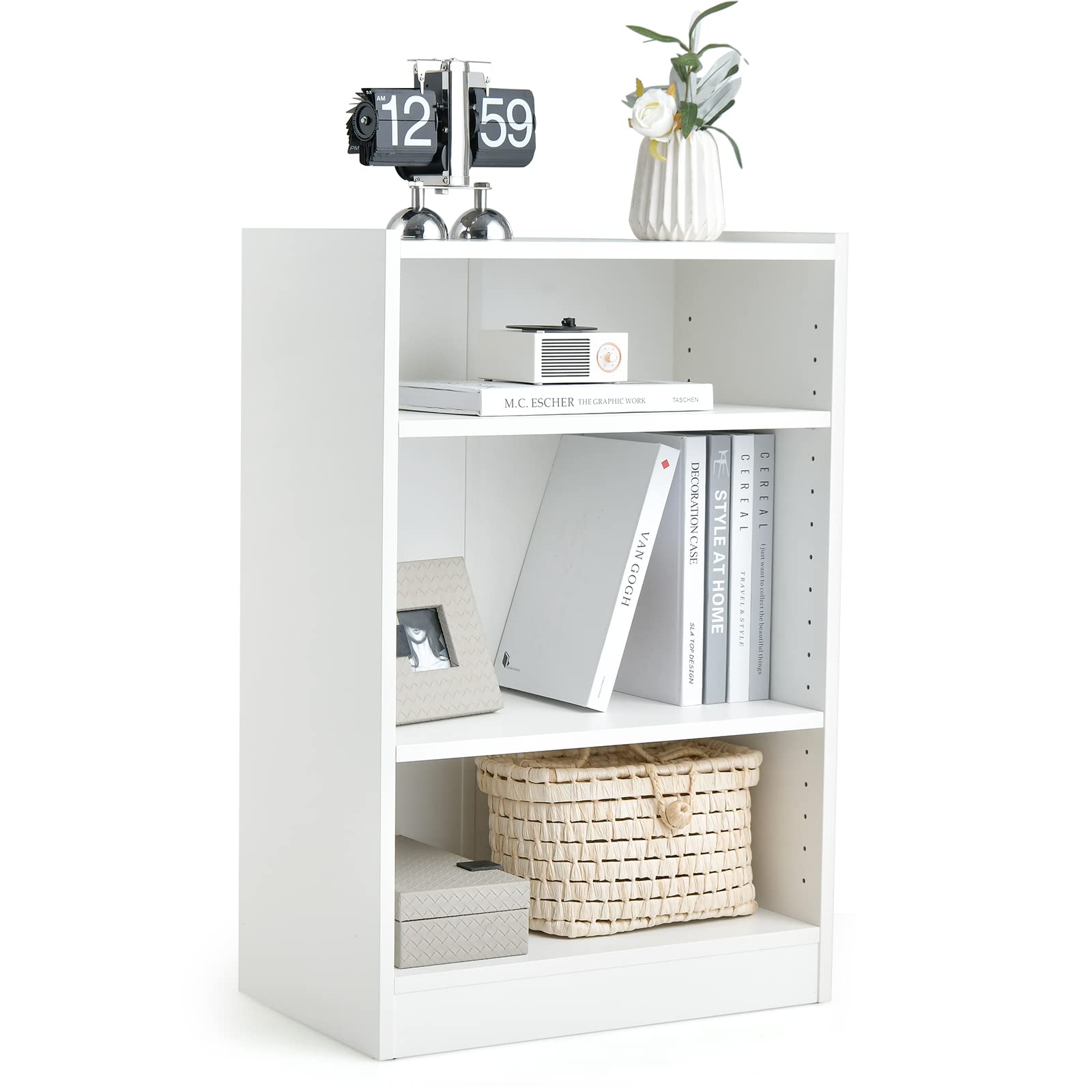 3 Tier Bookcase, Floor Standing Open Bookshelf with 18-Position Adjustable Shelves, Anti-toppling Device, Modern Multipurpose Display Storage Organizer for Living Room Study (1, White)