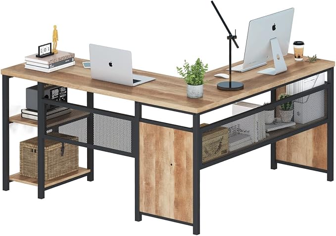 Shaped Computer Desk with Wood Shelves, Industrial Reversible Home Office Corner Desk