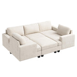 Modular Sectional Couch with Storage Ottoman, Corduroy Sleeper Sectional Sofa with Chaise, Sectional Couches for Living Room, Beige