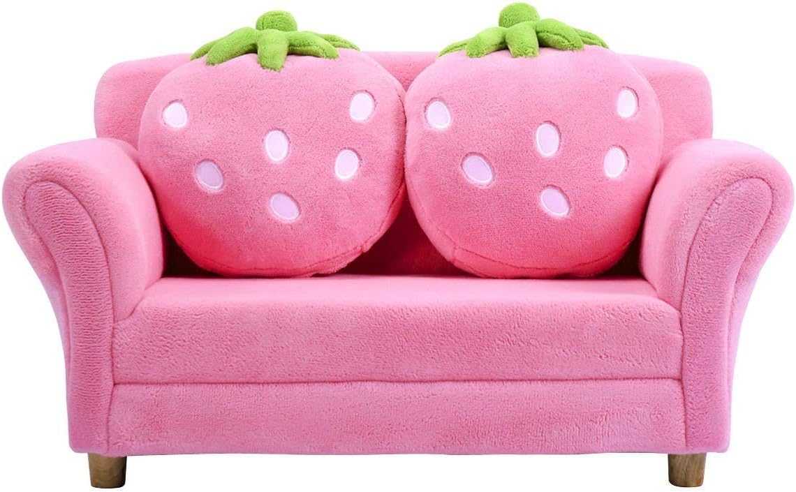 toddler Couch with Two Strawberry Pillows, Children Upholstered Loveseat Lounge Bed,