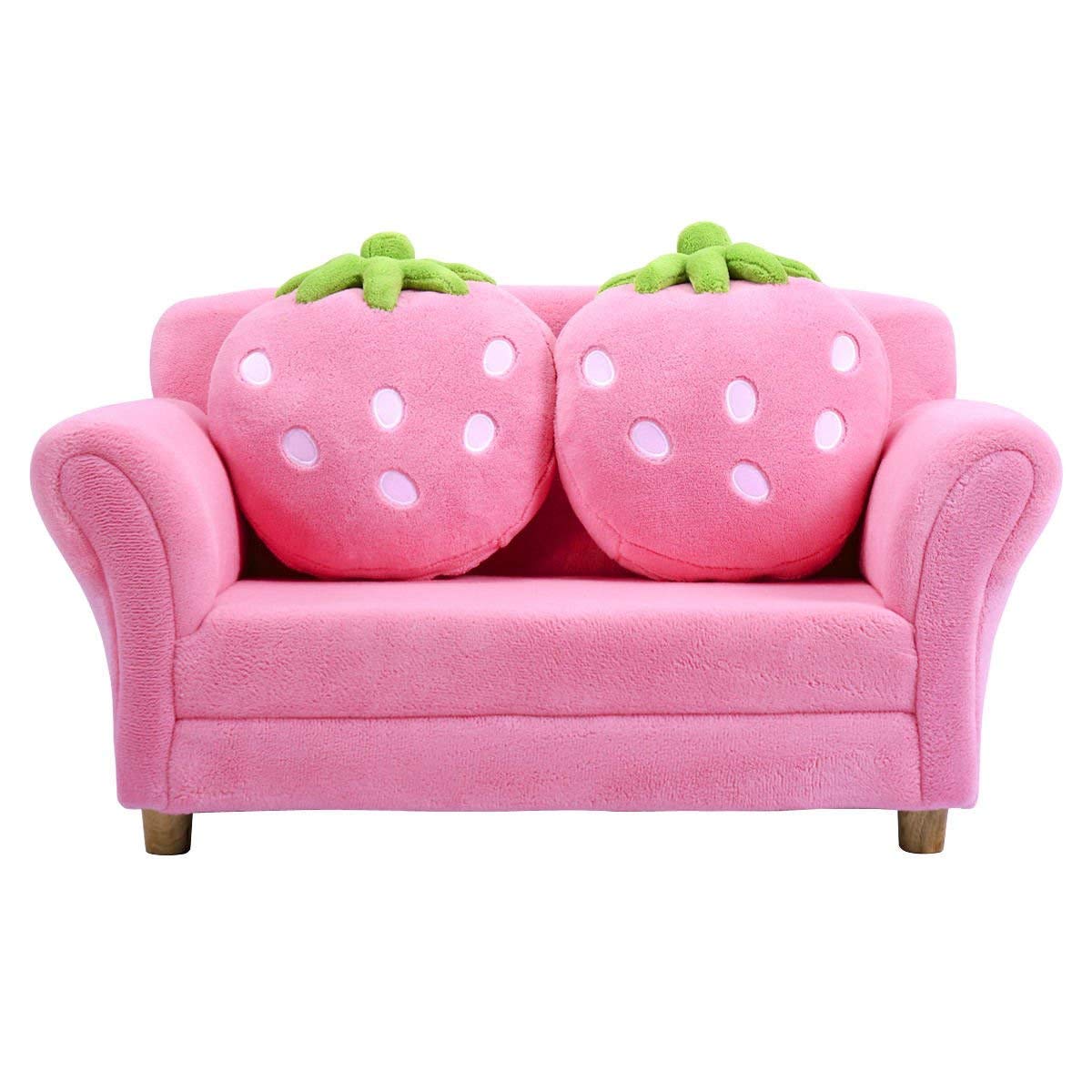 toddler Couch with Two Strawberry Pillows, Children Upholstered Loveseat Lounge Bed,