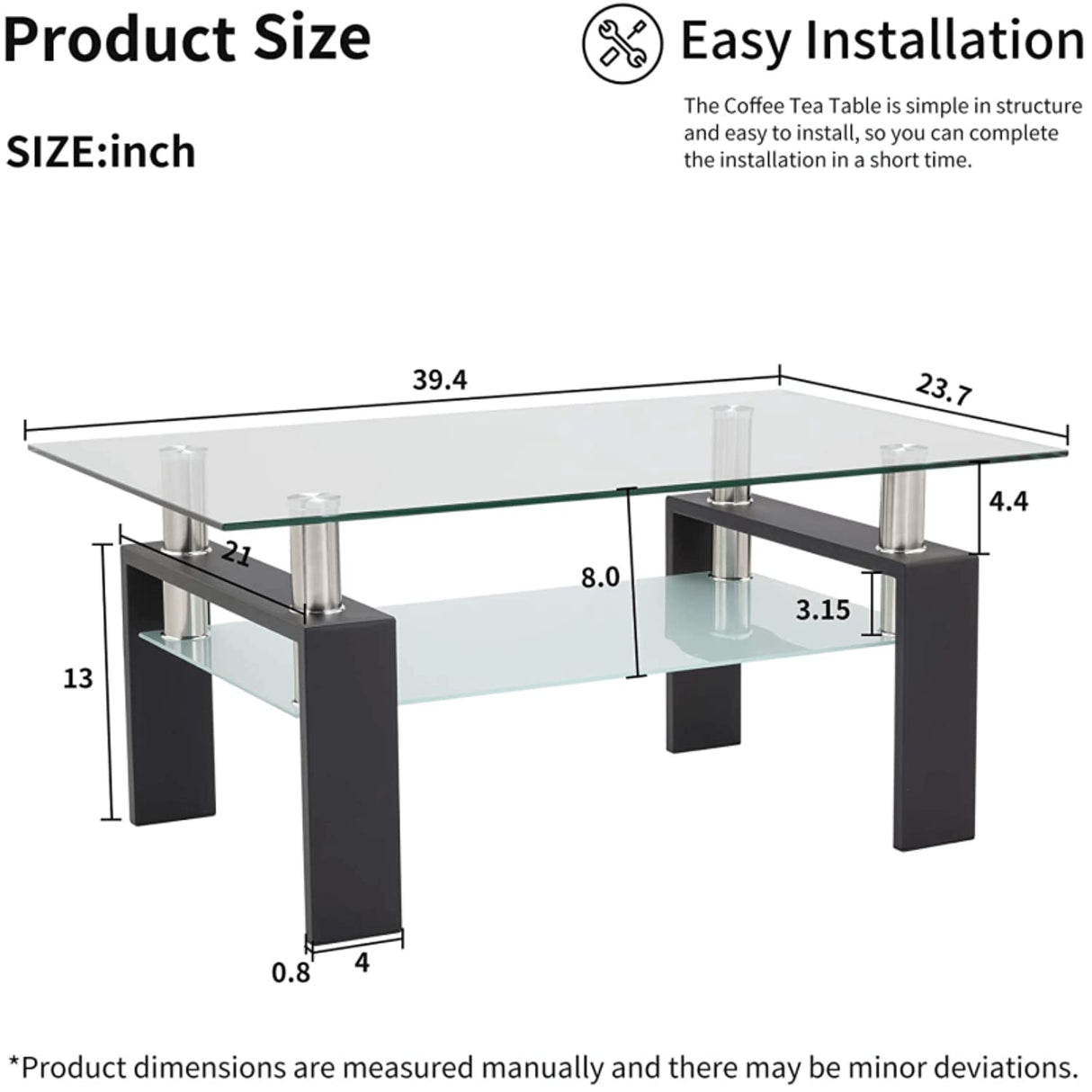 Living Room Glass Coffee Tables Modern Rectangle Center Side Table w/Storage Shelf