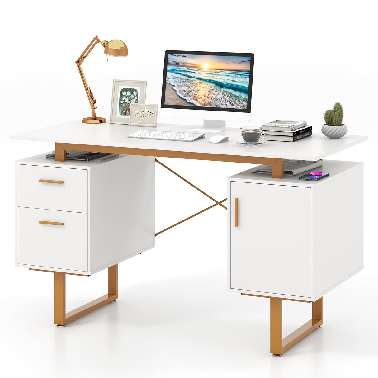 Computer Desk with Drawers & Cabinet, 51” Long Home Office Desk with Floating Desktop