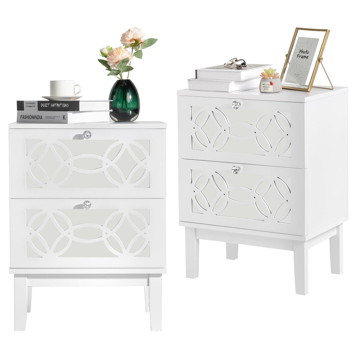 White Nightstand Set of 2, Nightstands with Mirror Front Drawers, Bed Side