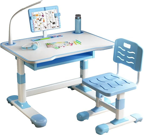 Functional Desk and Chair Set, Study Desk for Children with Chair, Kids Desk and Chair Set,Height Adjustable Children School Study Desk with Storage Drawer for Boys Girls (Blue E)