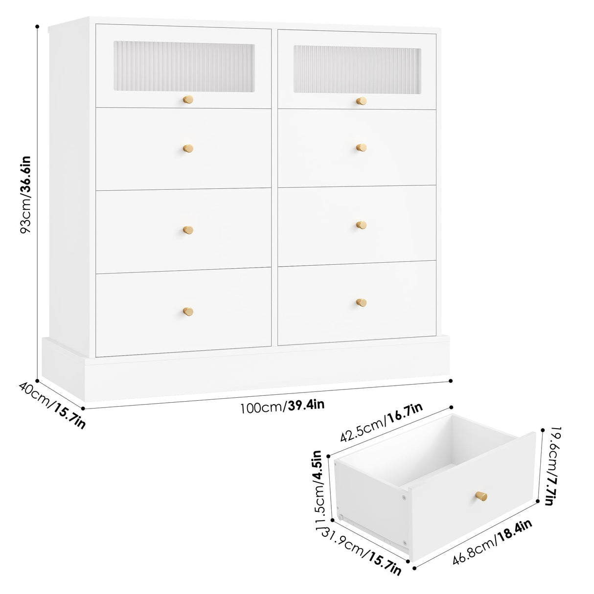 White Dresser, 8 Drawer Dresser with 2 Glass Doors, White and Gold Dresser Chest