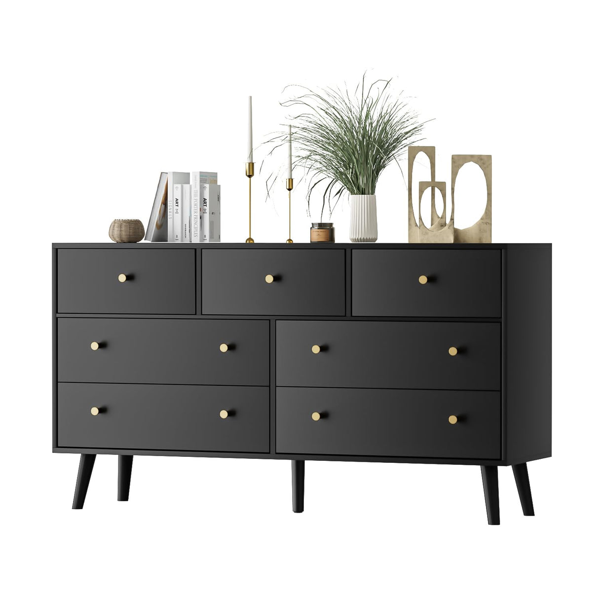 7 Drawers Dresser for Bedroom, 55'' Dressers & Chests of Drawers with Gold Handles and 7 Large Drawer, Modern Double Wooden Storage Organizer Cabinet, Hallway, Black