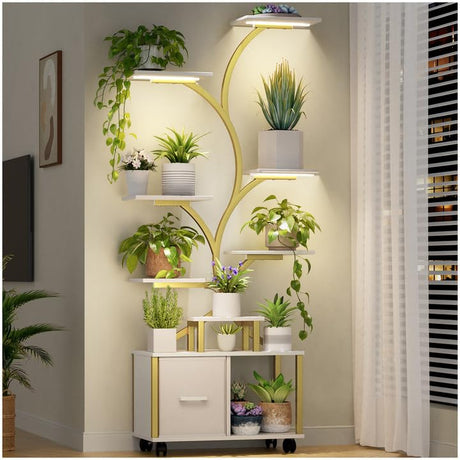Gold Plant Stand Indoor with Grow Light, 9 Tiered Indoor Plant Shelf with Wheels