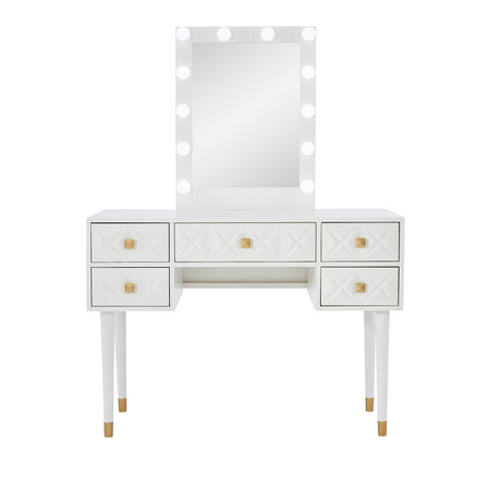 Makeup Vanity Two Piece Set with Lighted Glam Mirror Accents, White and Gold